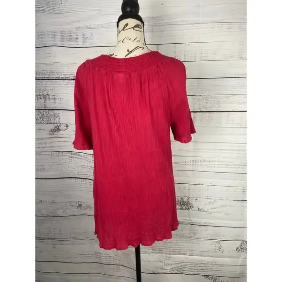 Catherines Top Womens 0X Red Embroidery Crepe Tassel Tie Smocked Neck Cotton - Picture 4 of 10